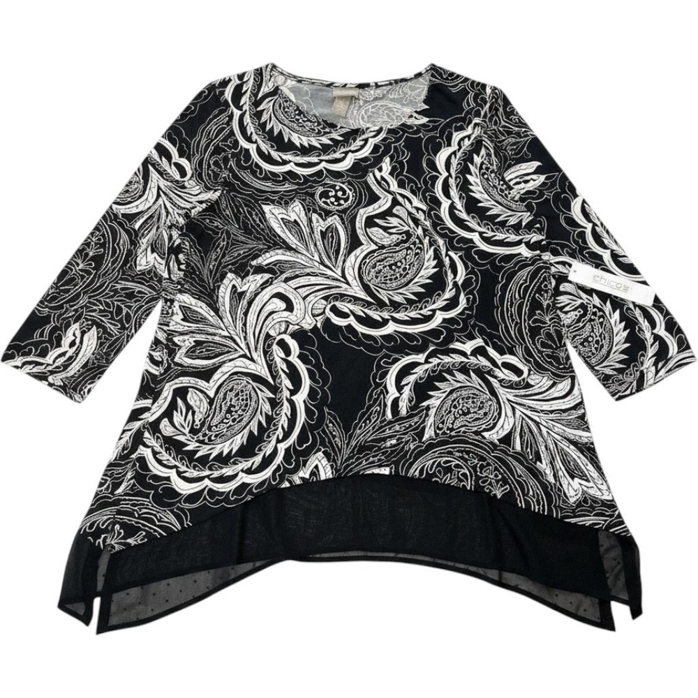 Chicos Women's 3/4 Sleeve Top Tunic Size M (Chico 1) Black White Paisley Pattern